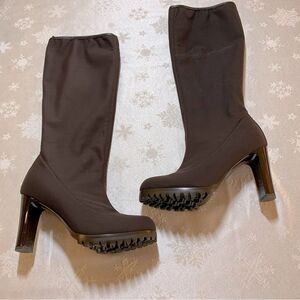 Vincini Tapeet Boots 15” Brown Chunky Sole 3” Heel Made in Italy Sz 6.5 NWOT